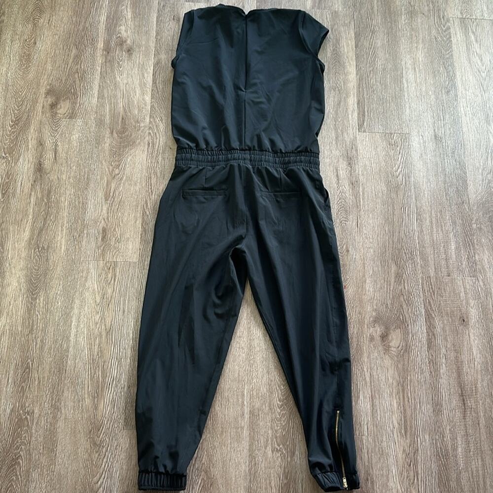 Albion Fit Black Jumpsuit Small Petite | Gold Zippers, Drawstring Waist - Picture 7 of 9